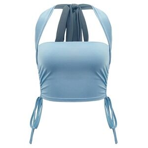 SHEIN Tie Backless Drawstring Side Crop Halter Top in Blue, Size S​​​​​​